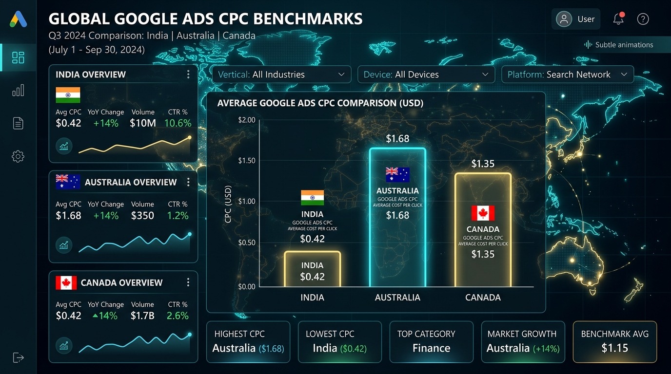 Google Ads Benchmarks by Country: India vs. Australia vs. Canada (CPC/CPL Comparison)