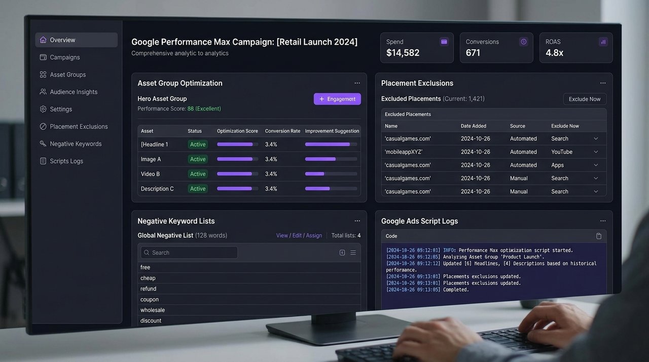 PMax Asset Group Optimization: Negative Keywords, Placement Exclusions, & Scripts