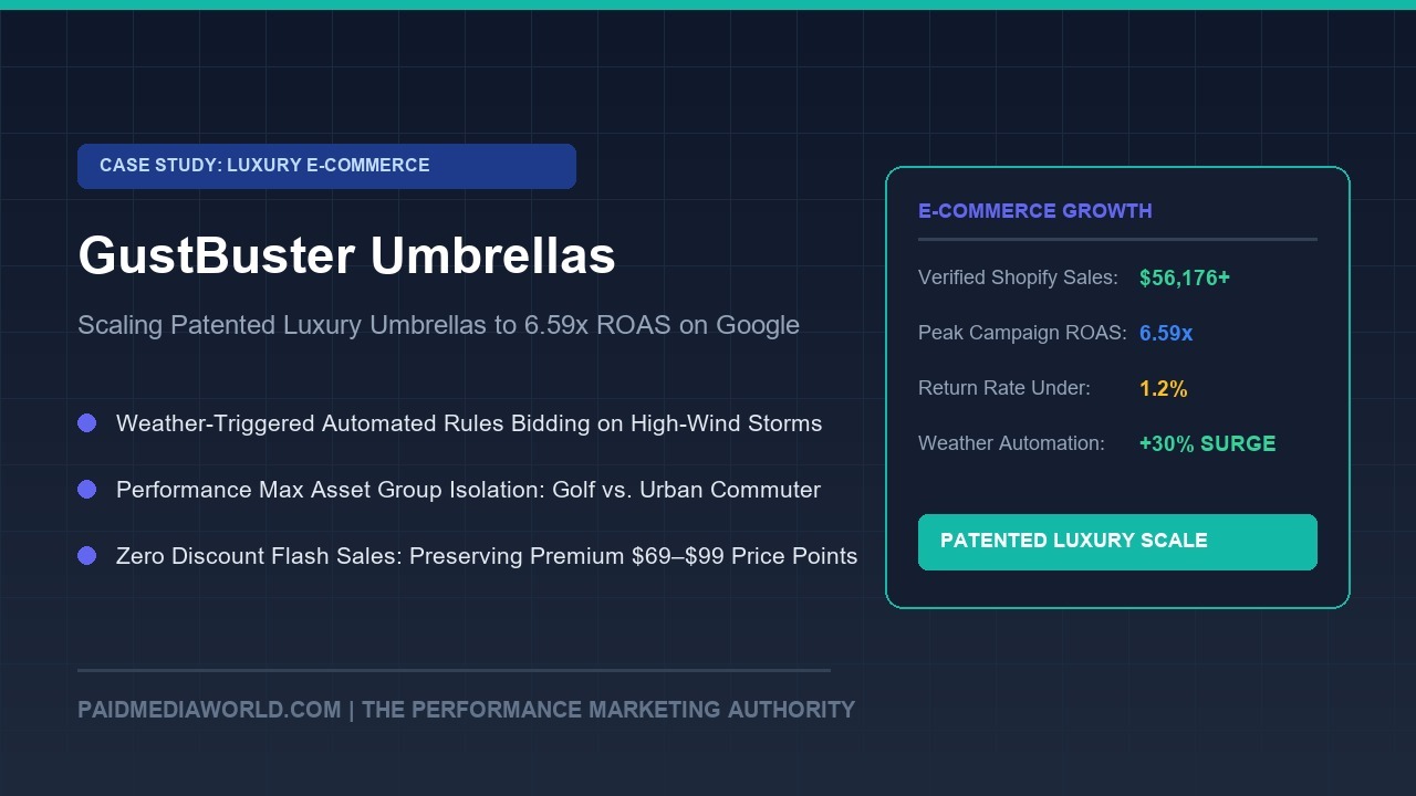 GustBuster Case Study: Scaling Patented Windproof Umbrellas to 6.59x ROAS & $56,176+ Shopify Sales